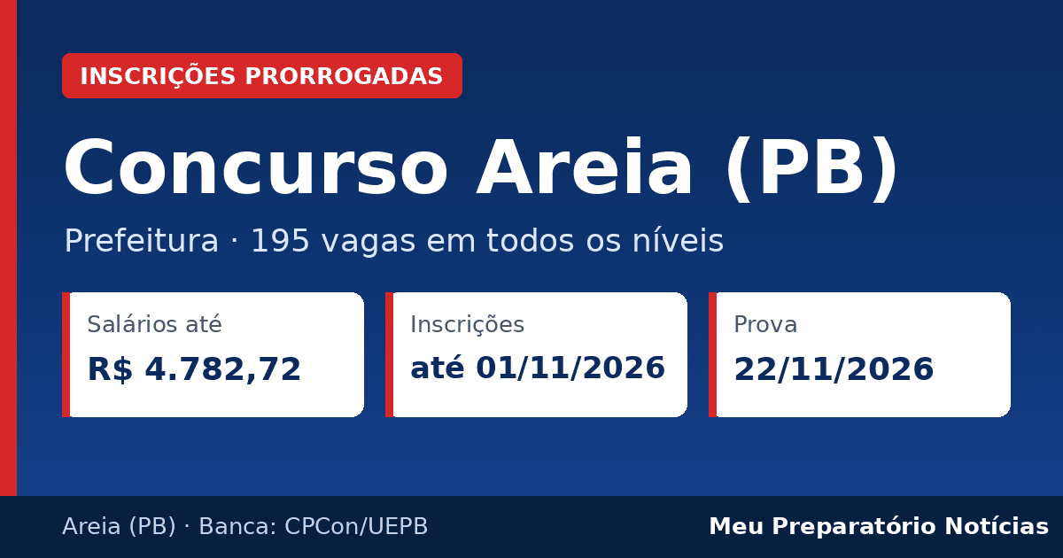 Capa: Concurso Prefeitura de Areia (PB) – inscrições prorrogadas até 1º/11, 195 vagas, prova em 22/11