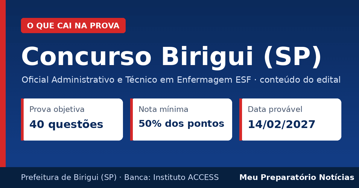 Capa: o que cai na prova do concurso de Birigui (SP) para Oficial Administrativo e Técnico em Enfermagem ESF
