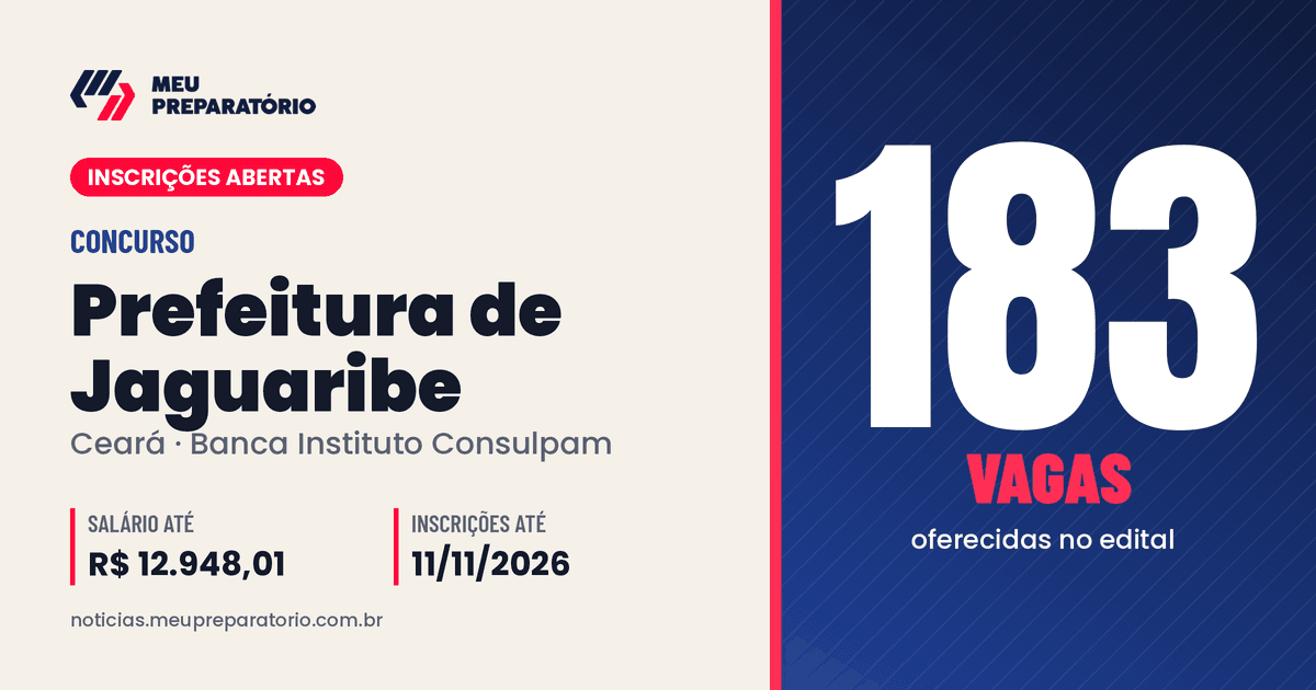 Concurso da Prefeitura de Jaguaribe (CE): 183 vagas e salários de até R$ 12.948,01; inscrições até 11/11/2026. Arte: Meu Preparatório
