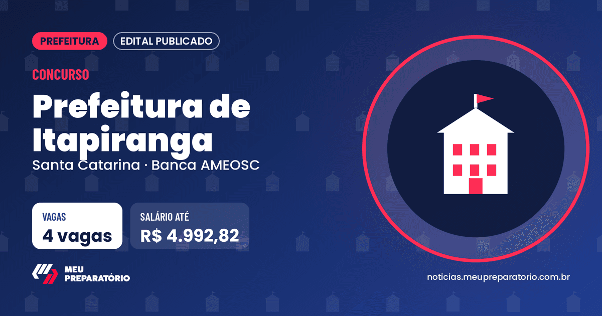 Concurso da Prefeitura de Itapiranga (SC): 4 vagas e salários de até R$ 4.992,82; inscrições até 23/11/2026. Arte: Meu Preparatório