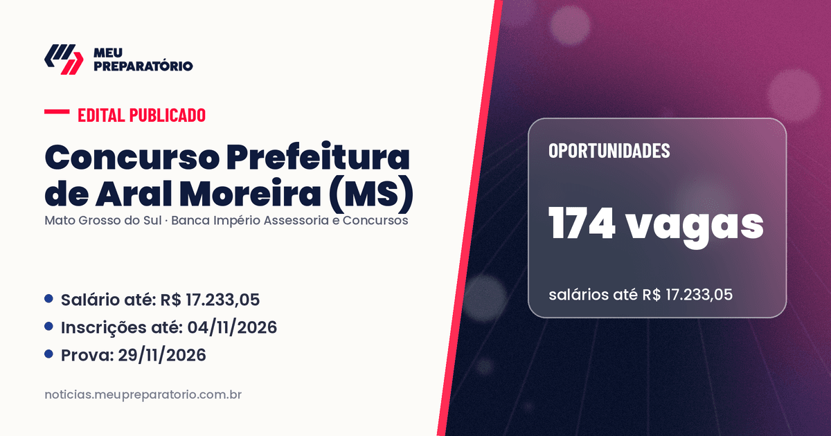 Concurso da Prefeitura de Aral Moreira (MS): 174 vagas e salários de até R$ 17.233,05; inscrições até 04/11/2026. Arte: Meu Preparatório