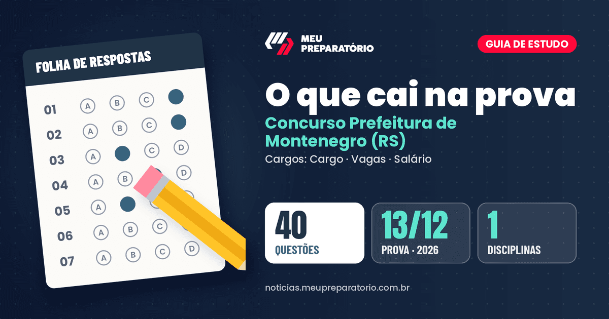 O que cai na prova do concurso da Prefeitura de Montenegro (RS): Conhecimentos Específicos para Cargo e Vagas. Arte: Meu Preparatório
