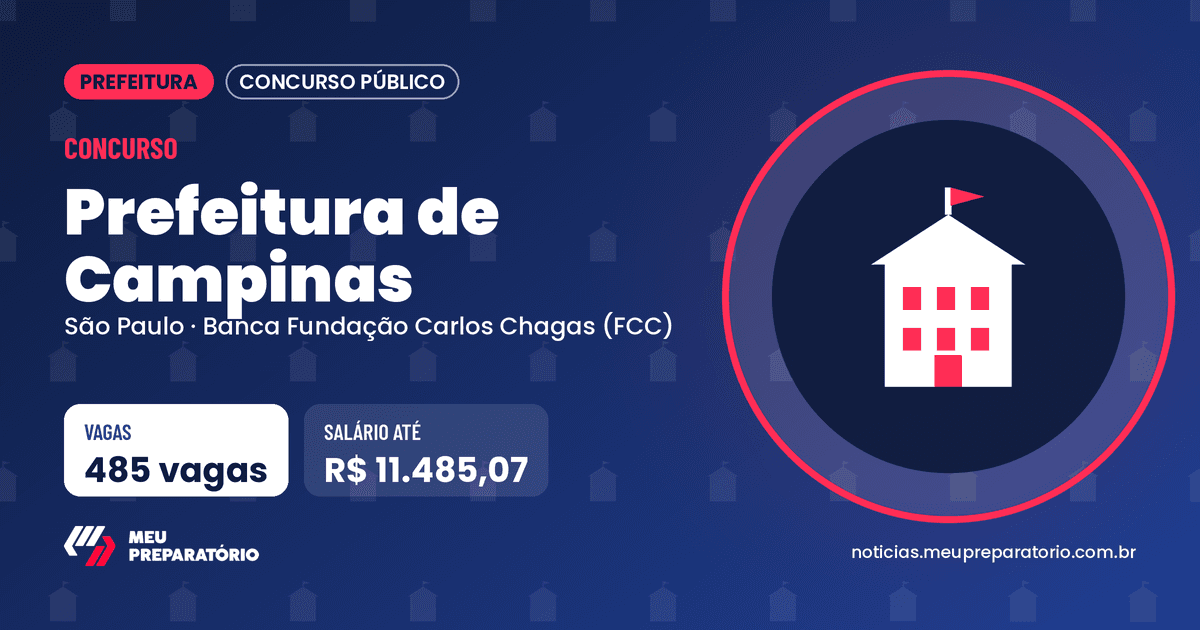Concurso da Prefeitura de Campinas (SP): 485 vagas e salários de até R$ 11.485,07. Arte: Meu Preparatório