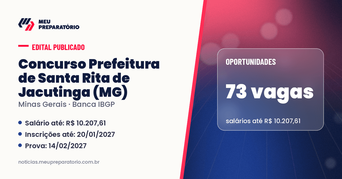 Concurso da Prefeitura de Santa Rita de Jacutinga (MG): 73 vagas e salários de até R$ 10.207,61; inscrições até 20/01/2027. Arte: Meu Preparatório