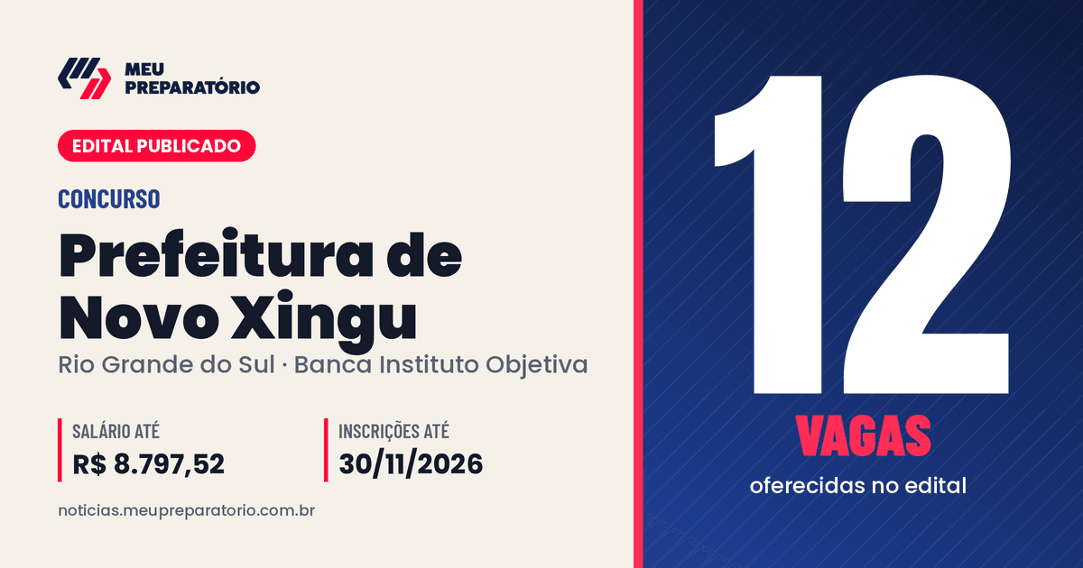 Concurso da Prefeitura de Novo Xingu (RS): 12 vagas e salários de até R$ 8.797,52; inscrições até 30/11/2026. Arte: Meu Preparatório
