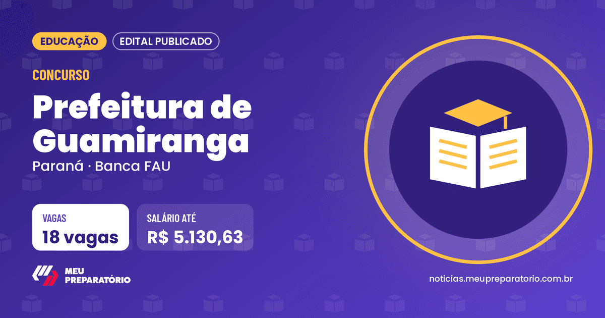 Concurso da Prefeitura de Guamiranga (PR): 18 vagas e salários de até R$ 5.130,63; inscrições até 22/11/2026. Arte: Meu Preparatório