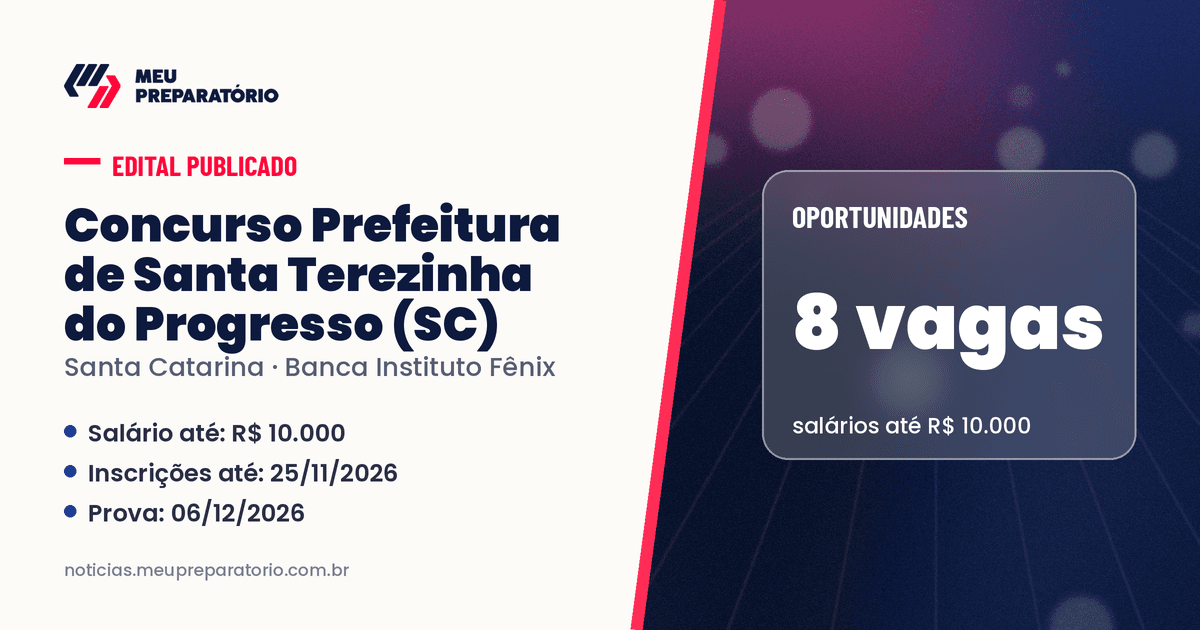 Concurso da Prefeitura de Santa Terezinha do Progresso (SC): 8 vagas e salários de até R$ 10.000; inscrições até 25/11/2026. Arte: Meu Preparatório