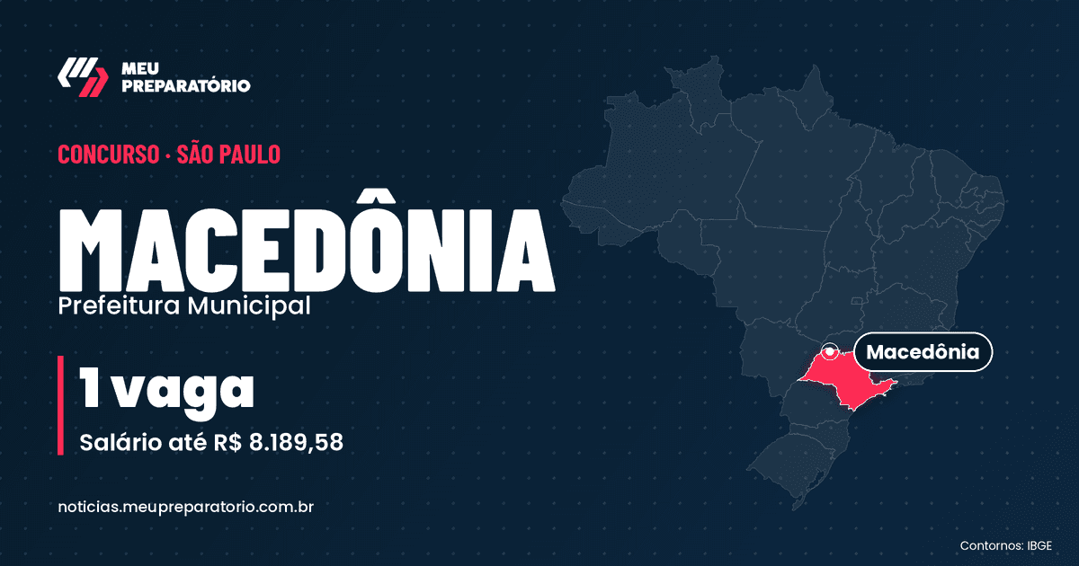 Concurso da Prefeitura de Macedônia (SP): 1 vaga e salários de até R$ 8.189,58; inscrições até 08/11/2026. Mapa do Brasil com São Paulo em destaque. Arte: Meu Preparatório