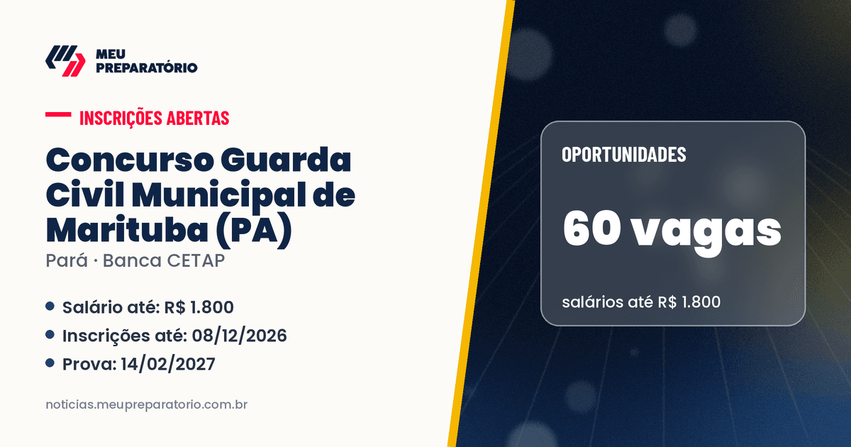 Concurso da Guarda Civil Municipal de Marituba (PA): 60 vagas e salários de até R$ 1.800; inscrições até 08/12/2026. Arte: Meu Preparatório