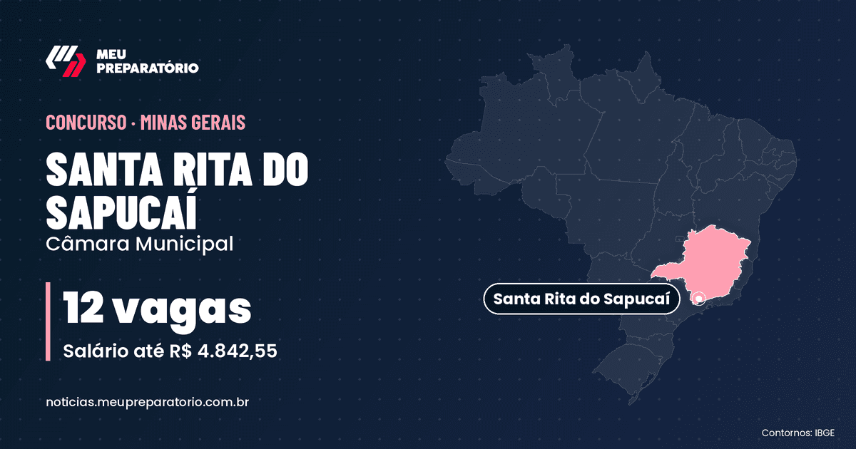 Concurso da Câmara de Santa Rita do Sapucaí (MG): 12 vagas e salários de até R$ 4.842,55; inscrições até 26/01/2027. Mapa do Brasil com Minas Gerais em destaque. Arte: Meu Preparatório
