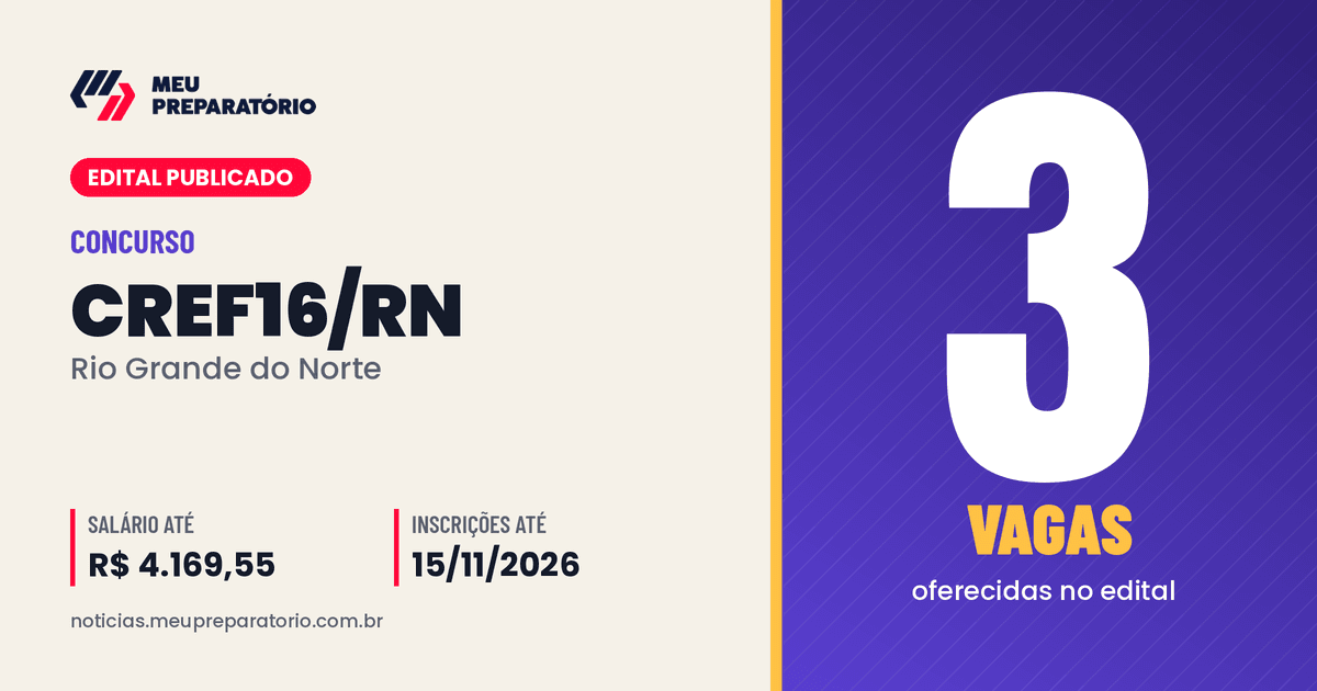 Concurso CREF16/RN (RN): 3 vagas e salários de até R$ 4.169,55; inscrições até 15/11/2026. Arte: Meu Preparatório