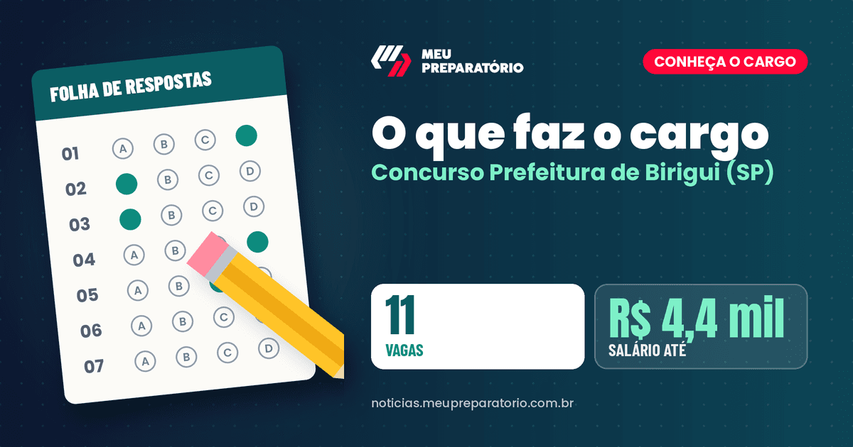 O que faz o cargo do concurso da Prefeitura de Birigui (SP). Arte: Meu Preparatório