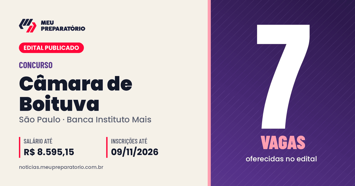 Concurso da Câmara de Boituva (SP): 7 vagas e salários de até R$ 8.595,15; inscrições até 09/11/2026. Arte: Meu Preparatório