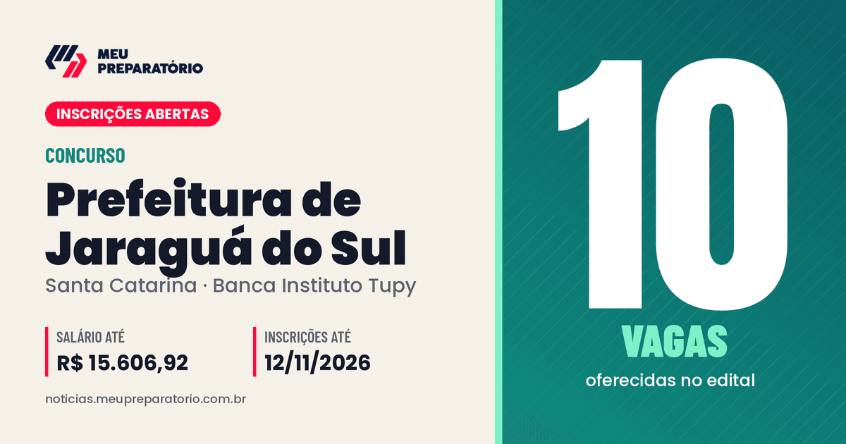 Concurso da Prefeitura de Jaraguá do Sul (SC): 10 vagas e salários de até R$ 15.606,92; inscrições até 12/11/2026. Arte: Meu Preparatório