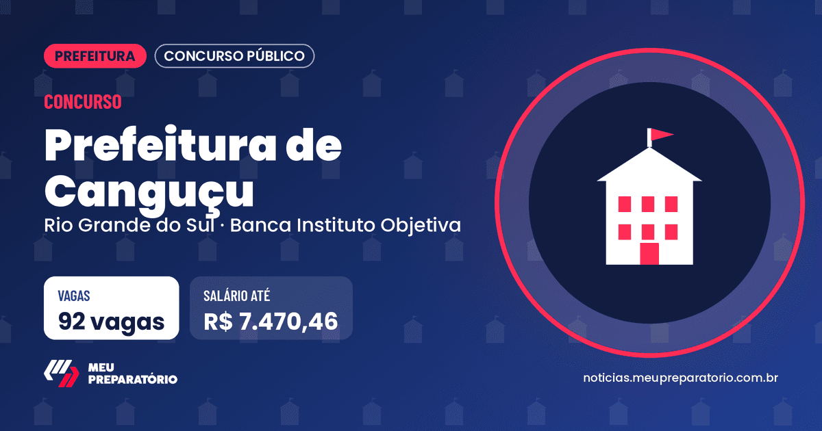 Concurso da Prefeitura de Canguçu (RS): 92 vagas e salários de até R$ 7.470,46. Arte: Meu Preparatório