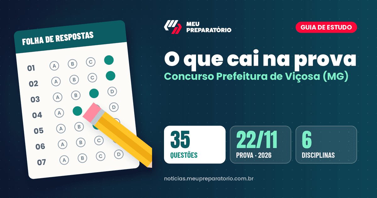O que cai na prova do concurso da Prefeitura de Viçosa (MG): Língua Portuguesa, Raciocínio Lógico, Legislação Municipal e Conhecimentos Gerais. Arte: Meu Preparatório