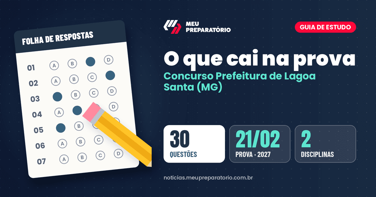 O que cai na prova do concurso da Prefeitura de Lagoa Santa (MG): Português primeiro e Conhecimentos Específicos. Arte: Meu Preparatório