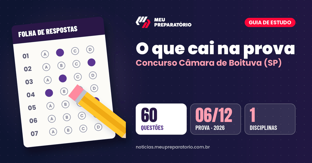 O que cai na prova do concurso da Câmara de Boituva (SP): Conhecimentos Específicos. Arte: Meu Preparatório
