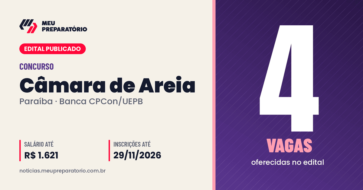 Concurso da Câmara de Areia (PB): 4 vagas e salários de até R$ 1.621; inscrições até 29/11/2026. Arte: Meu Preparatório