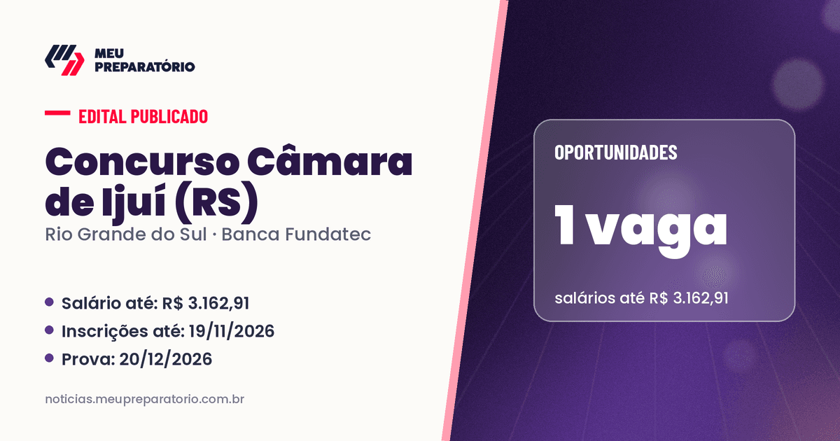Concurso da Câmara de Ijuí (RS): 1 vaga e salários de até R$ 3.162,91; inscrições até 19/11/2026. Arte: Meu Preparatório