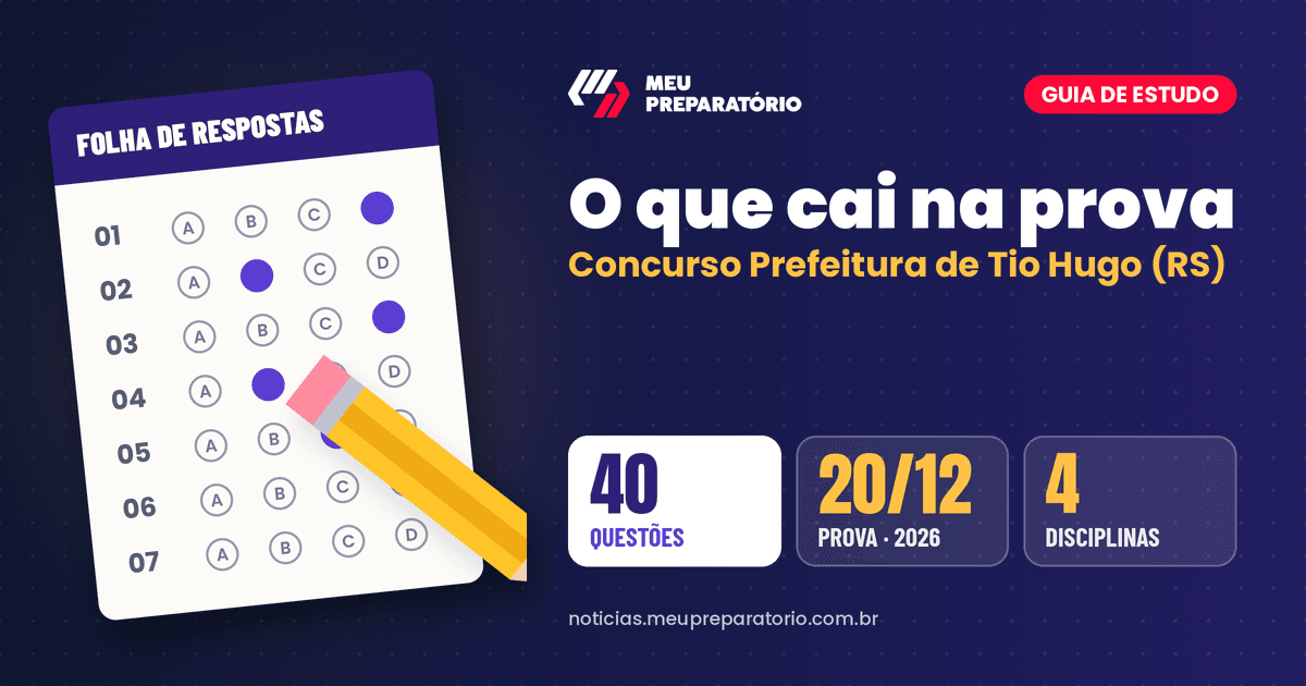 O que cai na prova do concurso da Prefeitura de Tio Hugo (RS): Língua Portuguesa, Conhecimentos Gerais, Legislação e Conhecimentos Específicos. Arte: Meu Preparatório