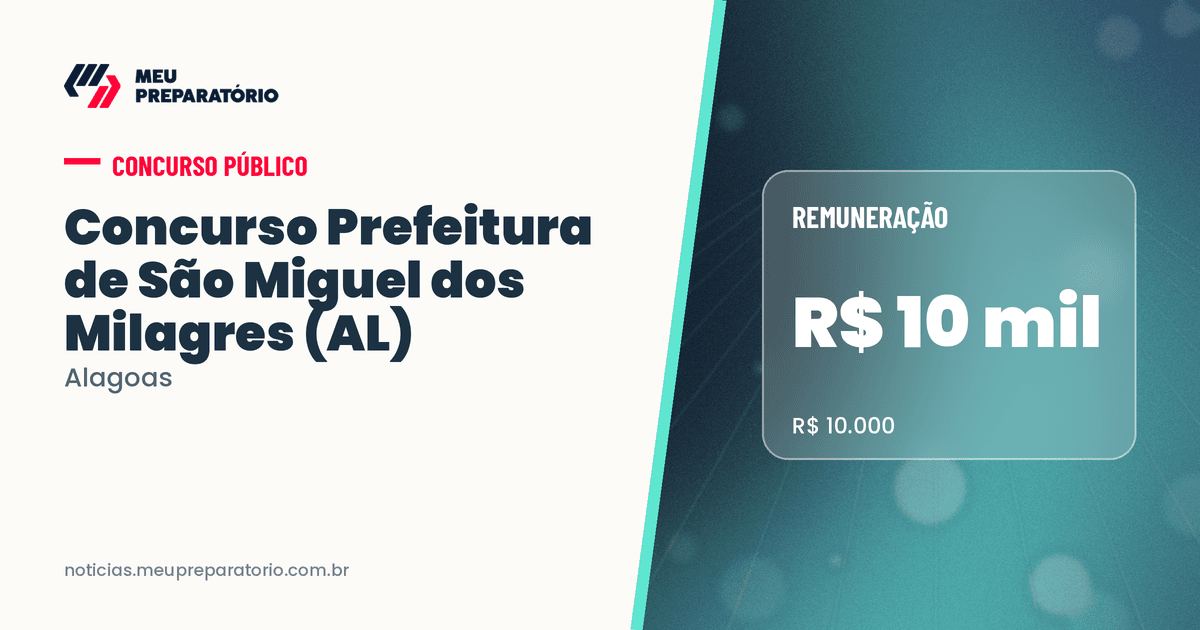 Concurso da Prefeitura de São Miguel dos Milagres (AL): salários de até R$ 10.000. Arte: Meu Preparatório