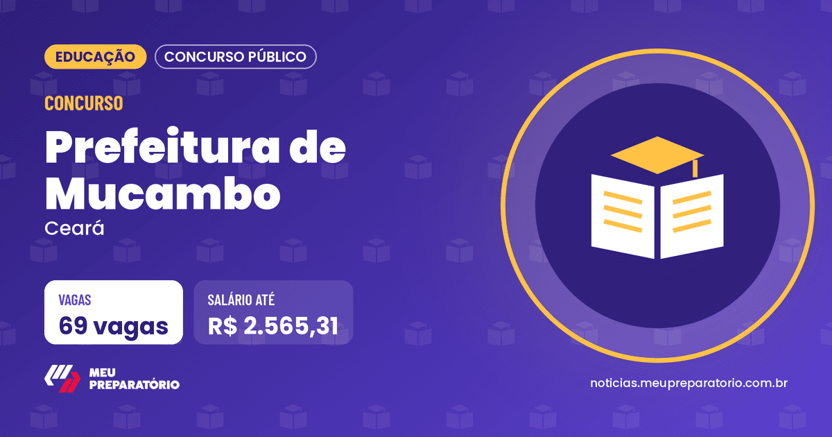 Concurso da Prefeitura de Mucambo (CE): 69 vagas e salários de até R$ 2.565,31. Arte: Meu Preparatório