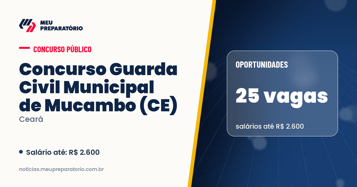 Concurso da Guarda Civil Municipal de Mucambo (CE): 25 vagas e salários de até R$ 2.600. Arte: Meu Preparatório