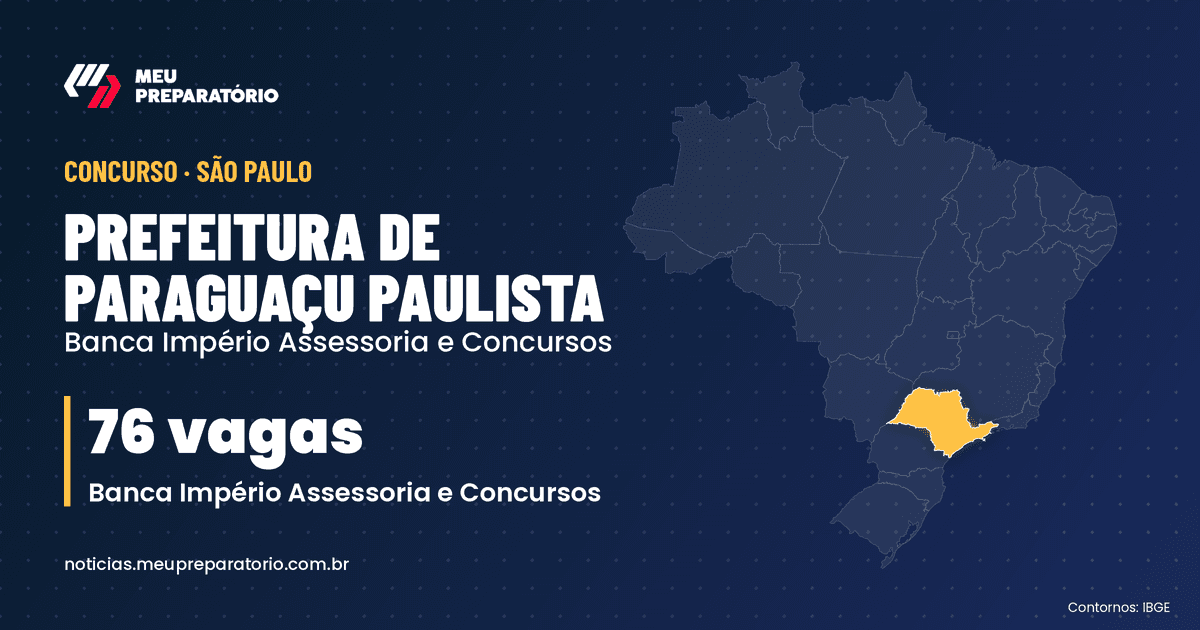 Concurso Prefeitura de Paraguaçu Paulista (SP): 76 vagas. Mapa do Brasil com São Paulo em destaque. Arte: Meu Preparatório