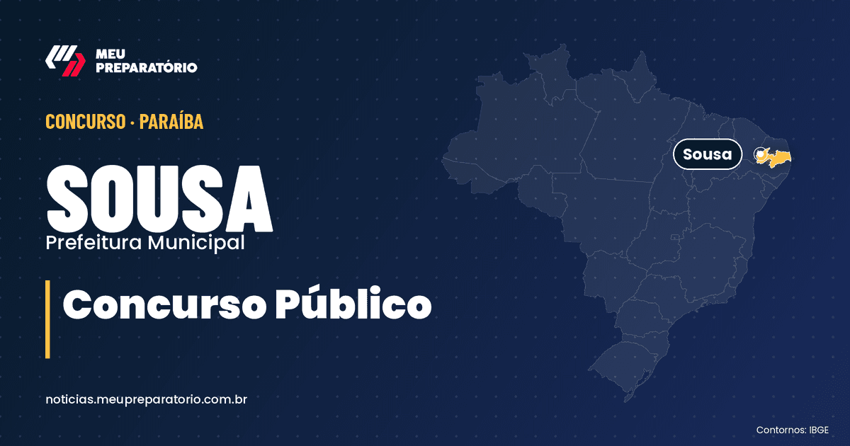 Concurso da Prefeitura de Sousa (PB). Mapa do Brasil com Paraíba em destaque. Arte: Meu Preparatório