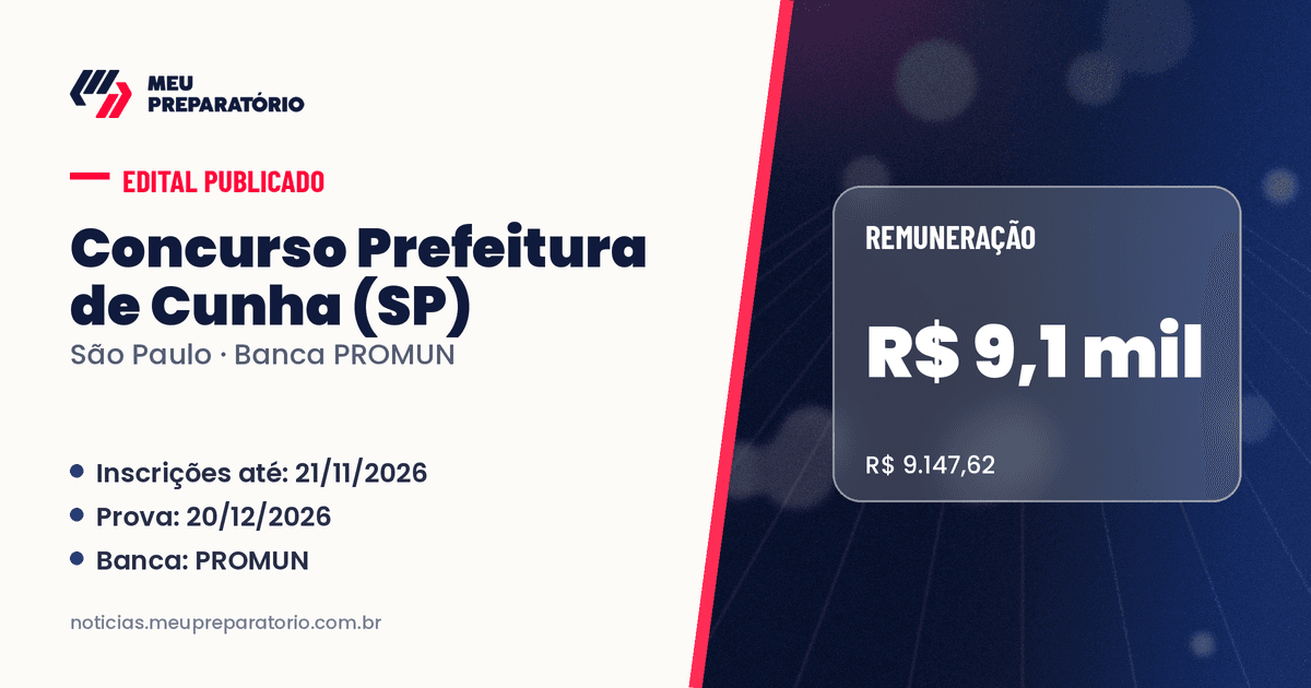 Concurso da Prefeitura de Cunha (SP): salários de até R$ 9.147,62; inscrições até 21/11/2026. Arte: Meu Preparatório
