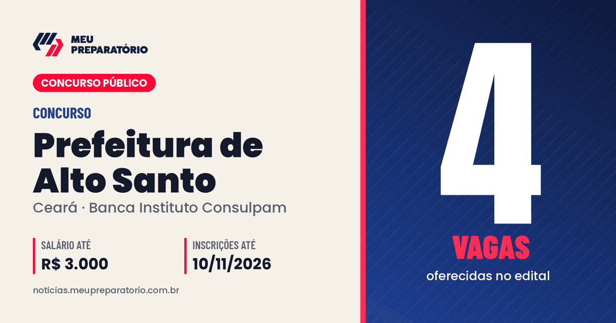 Concurso da Prefeitura de Alto Santo (CE): 4 vagas e salários de até R$ 3.000; inscrições até 10/11/2026. Arte: Meu Preparatório