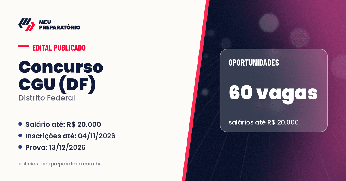 Concurso CGU (DF): 60 vagas e salários de até R$ 20.000; inscrições até 04/11/2026. Arte: Meu Preparatório