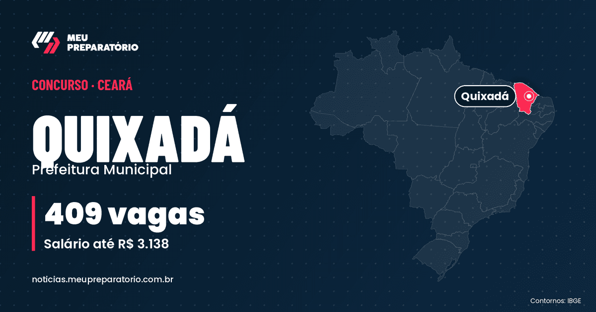 Concurso da Prefeitura de Quixadá (CE): 409 vagas e salários de até R$ 3.138; inscrições até 16/11/2026. Mapa do Brasil com Ceará em destaque. Arte: Meu Preparatório