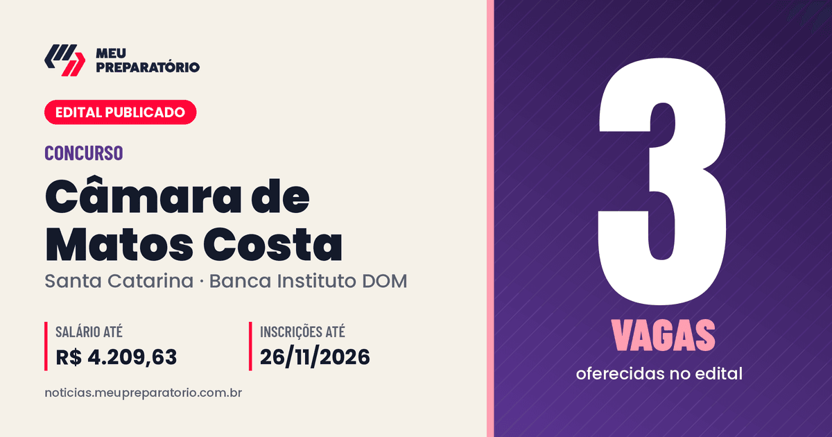 Concurso da Câmara de Matos Costa (SC): 3 vagas e salários de até R$ 4.209,63; inscrições até 26/11/2026. Arte: Meu Preparatório
