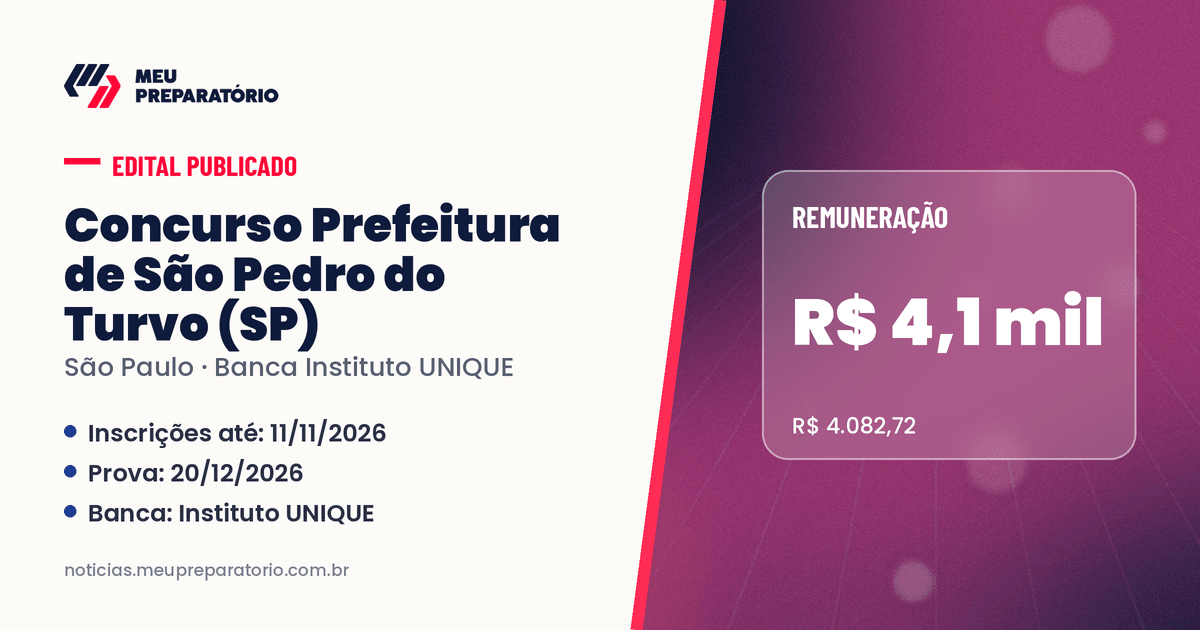 Concurso da Prefeitura de São Pedro do Turvo (SP): salários de até R$ 4.082,72; inscrições até 11/11/2026. Arte: Meu Preparatório