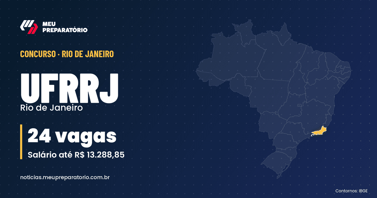 Concurso UFRRJ (RJ): 24 vagas e salários de até R$ 13.288,85; inscrições até 24/11/2026. Mapa do Brasil com Rio de Janeiro em destaque. Arte: Meu Preparatório