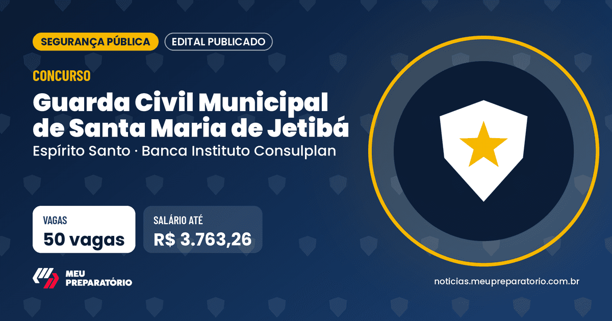 Concurso da Guarda Civil Municipal de Santa Maria de Jetibá (ES): 50 vagas e salários de até R$ 3.763,26; inscrições até 29/10/2026. Arte: Meu Preparatório