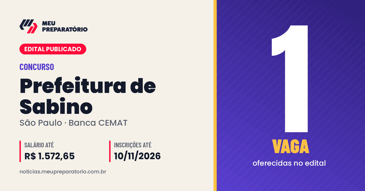 Concurso da Prefeitura de Sabino (SP): 1 vaga e salários de até R$ 1.572,65; inscrições até 10/11/2026. Arte: Meu Preparatório