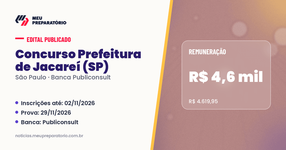 Concurso da Prefeitura de Jacareí (SP): salários de até R$ 4.619,95; inscrições até 02/11/2026. Arte: Meu Preparatório