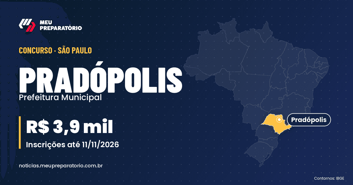 Concurso da Prefeitura de Pradópolis (SP): salários de até R$ 3.888,34; inscrições até 11/11/2026. Mapa do Brasil com São Paulo em destaque. Arte: Meu Preparatório