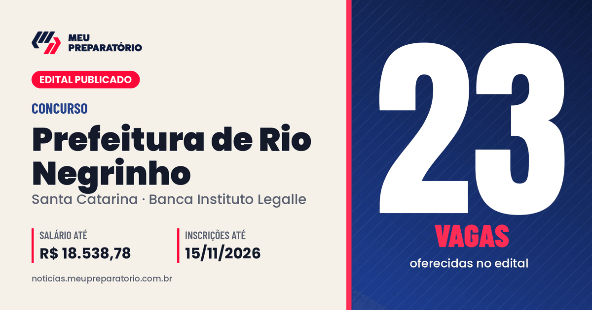 Concurso da Prefeitura de Rio Negrinho (SC): 23 vagas e salários de até R$ 18.538,78; inscrições até 15/11/2026. Arte: Meu Preparatório