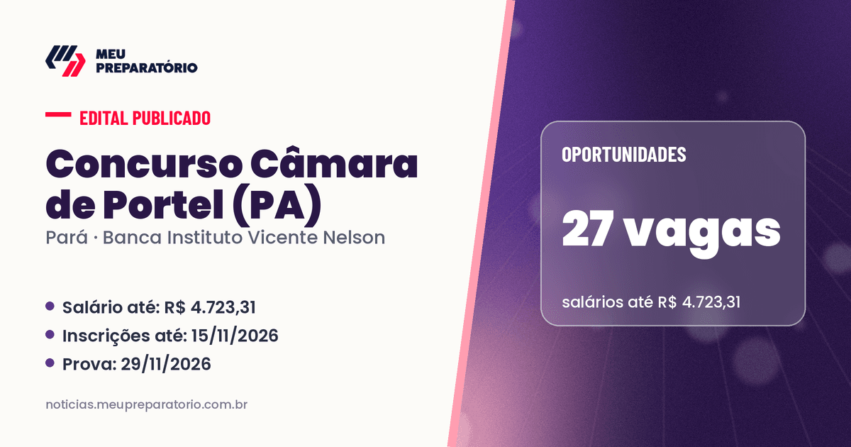 Concurso da Câmara de Portel (PA): 27 vagas e salários de até R$ 4.723,31; inscrições até 15/11/2026. Arte: Meu Preparatório