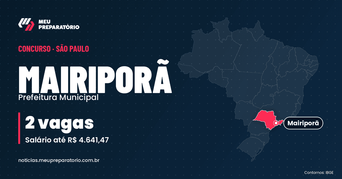 Concurso da Prefeitura de Mairiporã (SP): 2 vagas e salários de até R$ 4.641,47; inscrições até 25/11/2026. Mapa do Brasil com São Paulo em destaque. Arte: Meu Preparatório