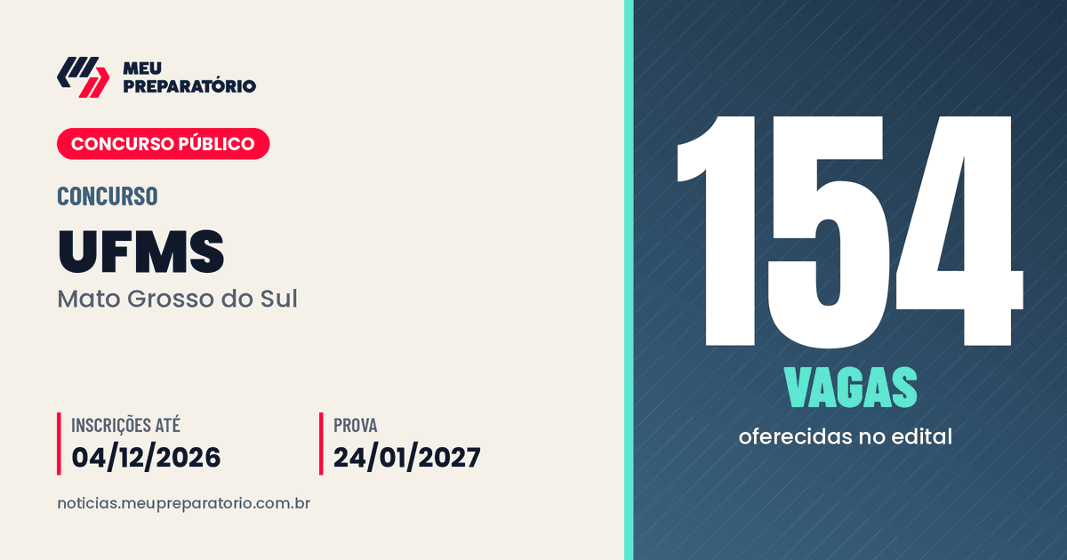 Concurso UFMS (MS): 154 vagas; inscrições até 04/12/2026. Arte: Meu Preparatório