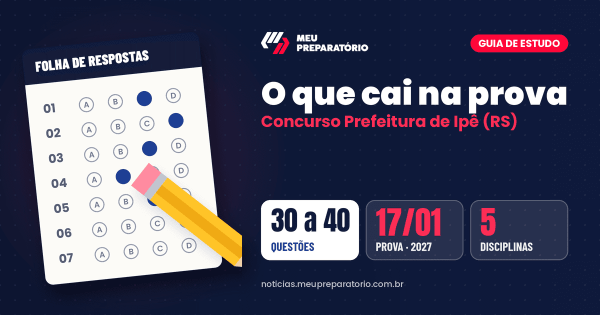 O que cai na prova do concurso da Prefeitura de Ipê (RS): Língua Portuguesa, Matemática, Conhecimentos Gerais e Legislação. Arte: Meu Preparatório
