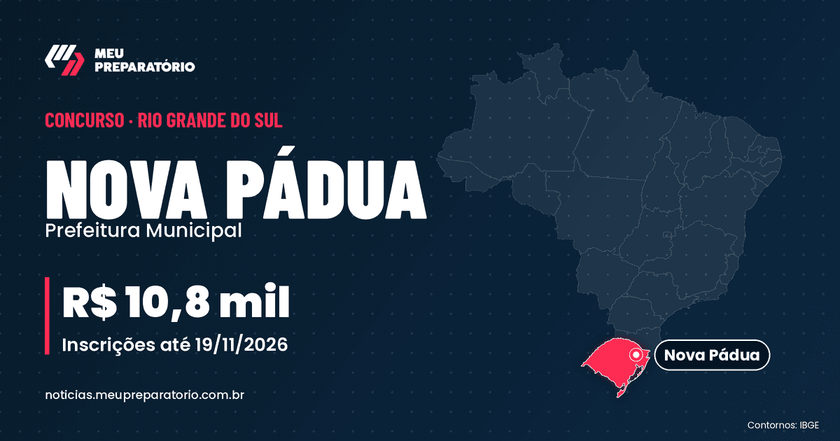 Concurso da Prefeitura de Nova Pádua (RS): salários de até R$ 10.809,66; inscrições até 19/11/2026. Mapa do Brasil com Rio Grande do Sul em destaque. Arte: Meu Preparatório