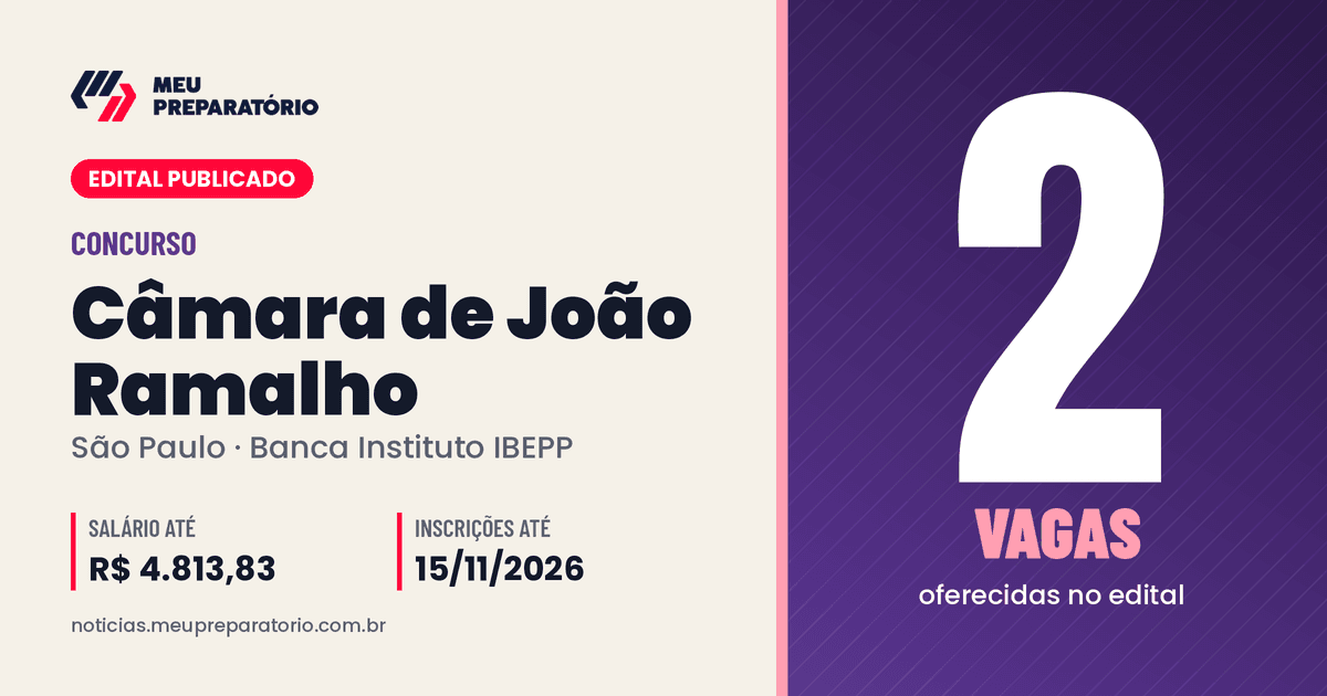 Concurso da Câmara de João Ramalho (SP): 2 vagas e salários de até R$ 4.813,83; inscrições até 15/11/2026. Arte: Meu Preparatório