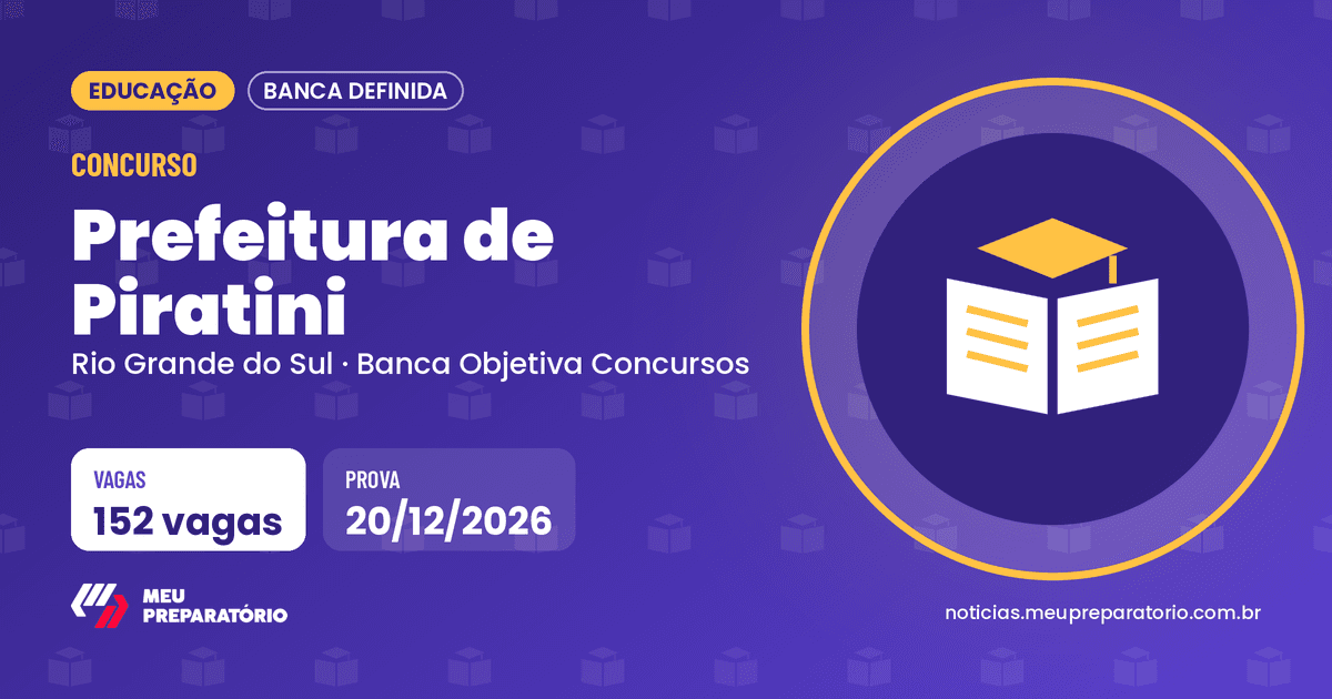 Concurso da Prefeitura de Piratini (RS): 152 vagas. Arte: Meu Preparatório