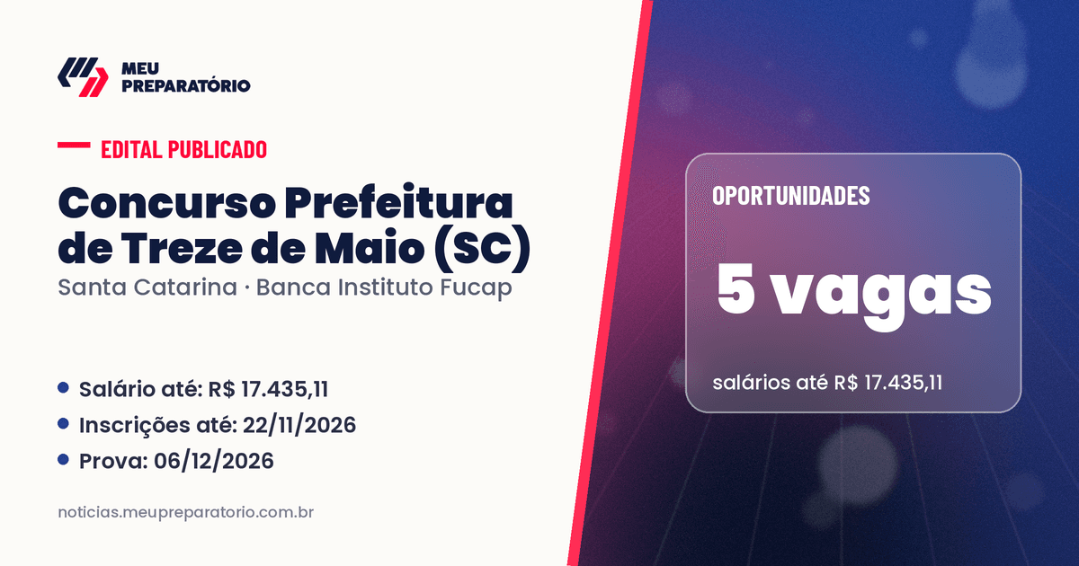 Concurso da Prefeitura de Treze de Maio (SC): 5 vagas e salários de até R$ 17.435,11; inscrições até 22/11/2026. Arte: Meu Preparatório
